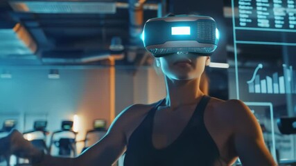 Metaverse fitness concept showing a sportswoman wearing virtual reality goggles running in place in a gym with holographic augmented reality data displayed in front of her - Powered by Adobe
