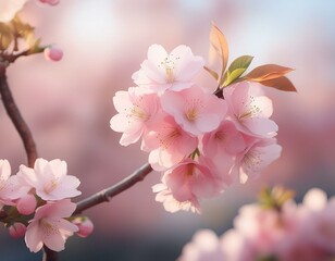 beauty of pink soft flower on spring cherry tree branch