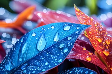 Vibrant Dew Drops on Colorful Leaves - Vibrant color palettes