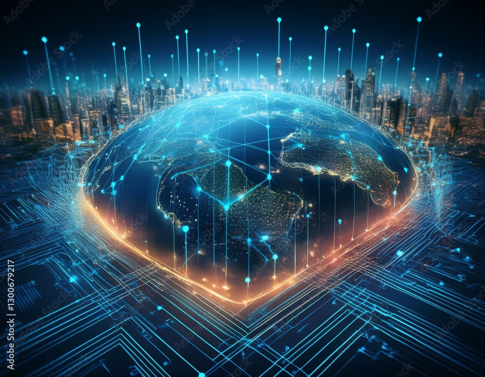 Poster conceptual depicting the global cybersecurity landscape and the importance of protecting digital inf