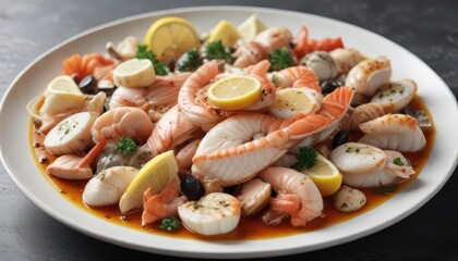 A plate of assorted seafood with a flat fish on top,  seafood platter,  food,  seafood