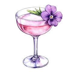 Watercolor illustration of a margarita glass with a pink-lavender cocktail, garnished with a lavender flower. A delicate and refreshing drink, perfect for elegant and vibrant designs