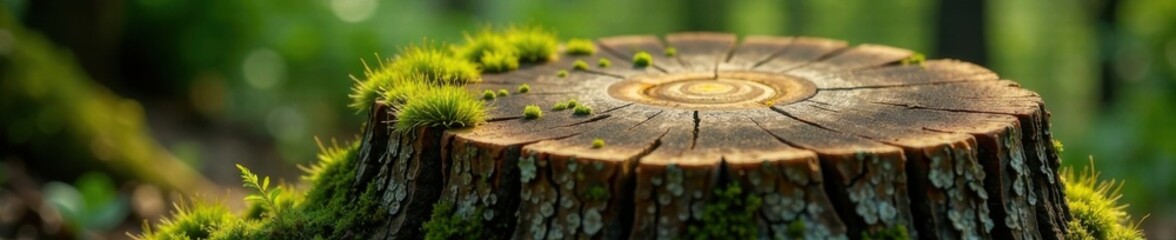 A tree stump with moss and lichen growing on it , foliage, decay