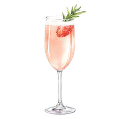 Watercolor illustration of a tall champagne glass filled with pink champagne and a fresh strawberry. A delicate and festive drink, perfect for celebrations and elegant designs