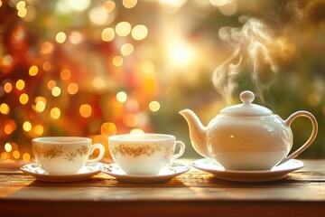 Fototapeta premium Delicate teapot with steaming cups against backdrop of glowing l