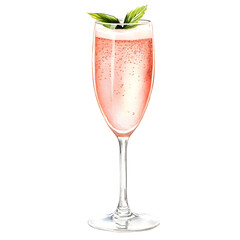 Watercolor illustration of a tall champagne glass filled with pink champagne and a fresh strawberry. A delicate and festive drink, perfect for celebrations and elegant designs