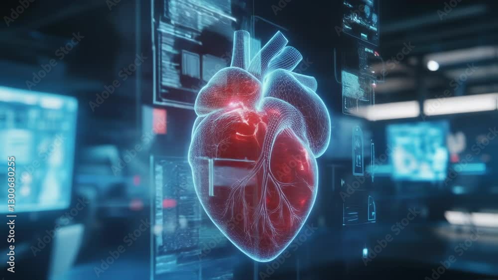 Poster futuristic medical interface showing rotating anatomical 3d heart model with highlighted areas and d