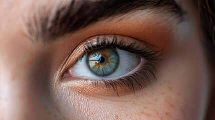 Obraz premium Close-up of a woman's eye showcasing vibrant colors and intricate details, reflecting a serene outdoor scene