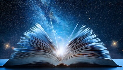 cosmic knowledge radiating energy the opened book s pages glow radiating light and star patterns into the dark space suggesting a universe of information contained within panorama with copy space