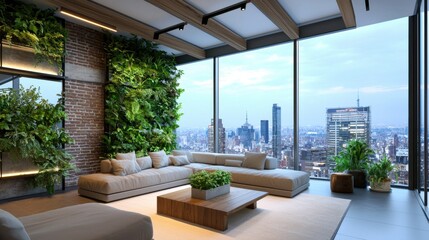 Balance of nature and urbanism, industrial ecology, futuristic metropolis – Industrial chic eco friendly living room featuring exposed brick walls