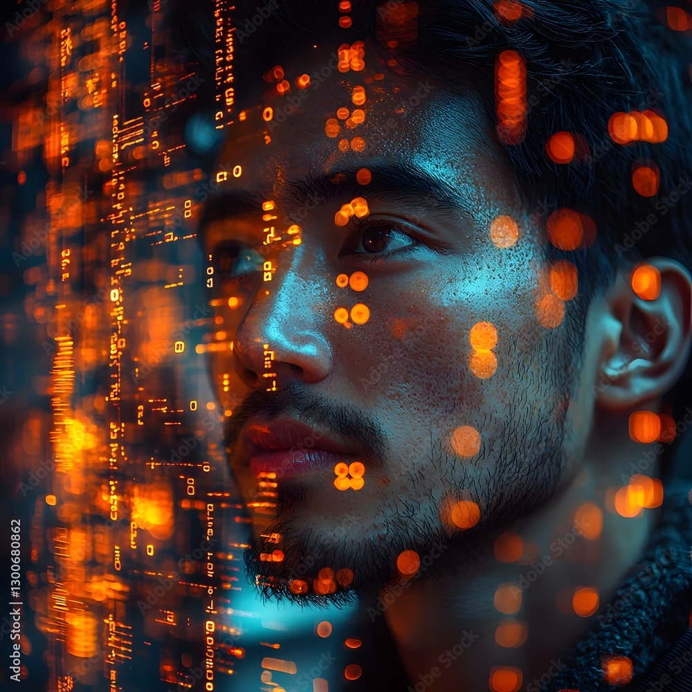 Poster innovative and efficient minimalist software engineer portrait with glowing code streams