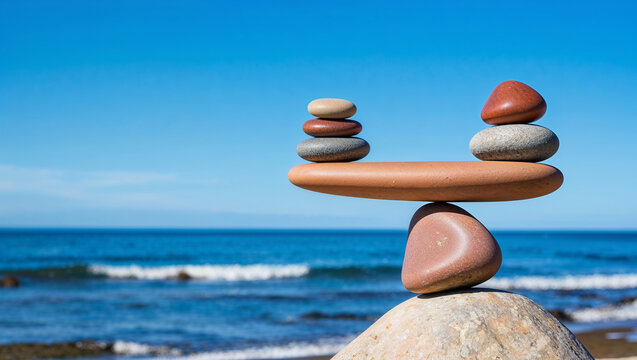Artistic stone balancing on rocky beach with blue sea backdrop.