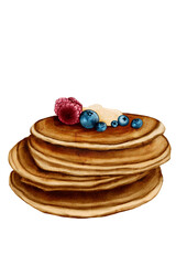 Watercolour illustration of stack of pancakes with blueberries without background 