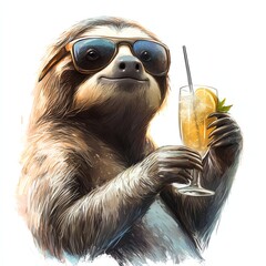 A cheerful sloth wearing sunglasses enjoys a tropical drink in a fun, vibrant setting.
