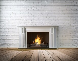 fireplace on white brick wall in bright empty living modern