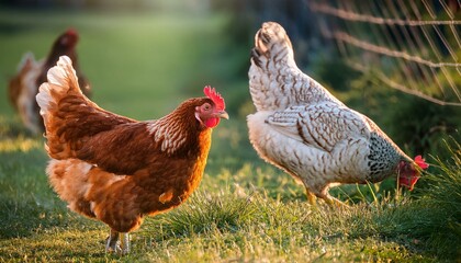 poule et poulet fermier dans un elevage en plein air