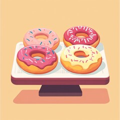 A colorful display of delicious donuts on a stand, showcasing various sprinkles and icing designs.