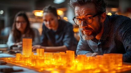 Innovative Engineer Presenting Glowing 3D Skyscraper Model to Team in Bright Boardroom