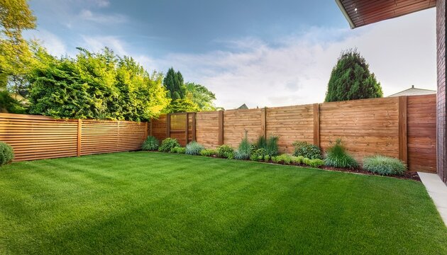 green grass lawn plants and wooden fence in modern backyard patio