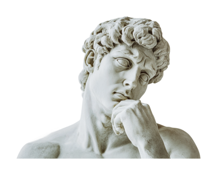Sculptural representation of a thoughtful young man inspired by classical artistry and human emotion in a contemporary setting, cut out