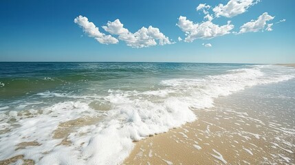Serene Seascape  Ocean Waves  Sandy Beach  Blue Sky  Summer Vacation