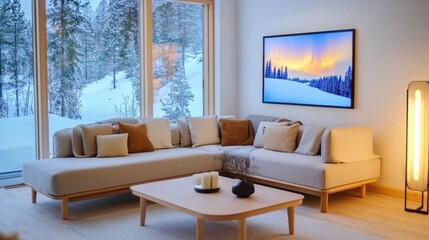 Cozy Scandinavian living room with warm wooden accents, soft lighting, smart interactive furniture, framed holographic aurora borealis artwork