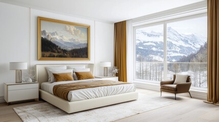 Fototapeta premium Elegant bedroom blending baroque textures with sleek modern minimalism, large panoramic window showcasing snowy mountain views, Renaissance painting above