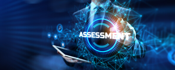 Assessment Evaluation Business Finance concept. Businessman pressing button.