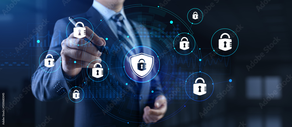 Poster cyber security access control data protection personal information privacy concept. businessman pres