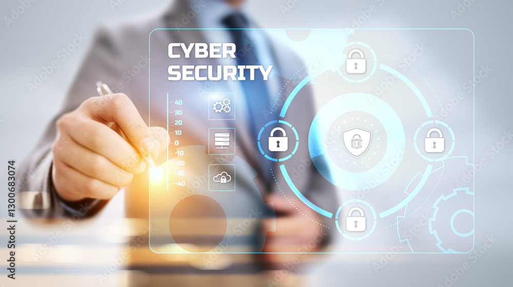 Poster cyber security access control data protection personal information privacy concept. businessman pres