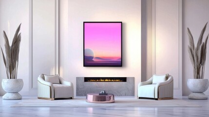 Elegant fusion living room featuring a floating glass fireplace, antique velvet armchairs, sleek metallic accents, large framed futuristic landscape painting
