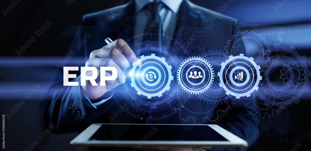 Poster erp enterprise resources planning software system business technology concept.