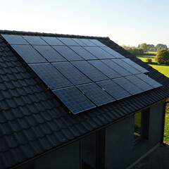 Modern house with blue solar panels on the roof. End of the day, sunset. Idyllic atmosphere