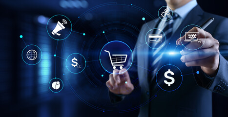 E-commerce online shopping business technology concept on screen.