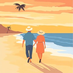 A couple walks hand in hand along a tranquil beach during sunset, surrounded by palm trees and gentle waves.