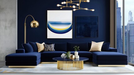 Indigo blue modern living room featuring a deep navy sofa, raw concrete accent wall, sleek neon lighting, gold decor accents, panoramic nighttime city