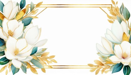 watercolowatercolor white magnolia bouquet with golden luxury square frame wedding invitation card templater white magnolia bouquet with golden luxury square frame wedding invitation card template