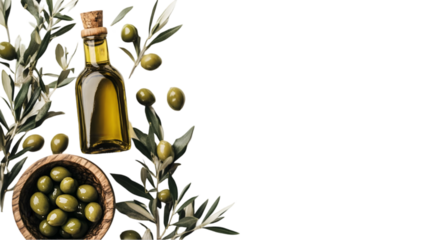 Olive oil glass bottle with fresh green olives and branches