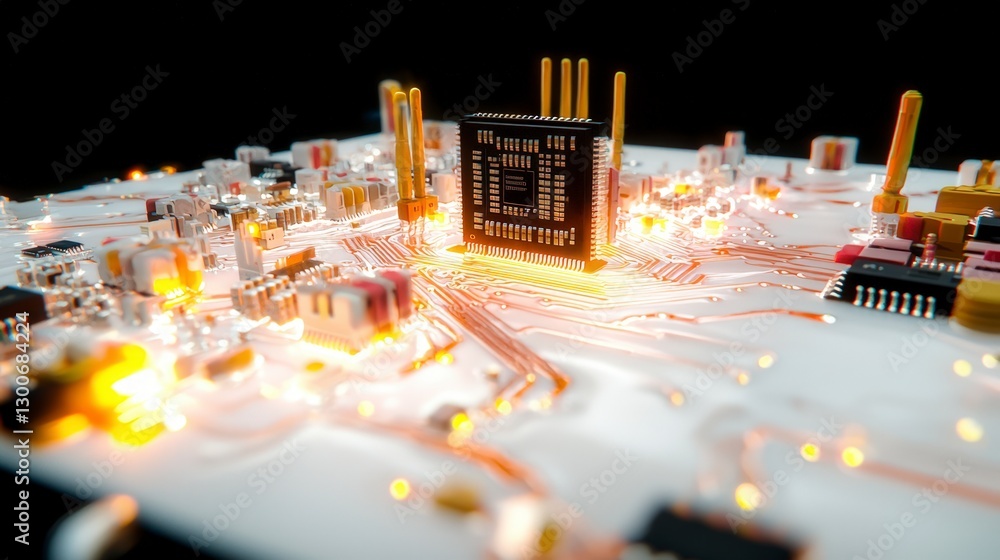 Poster high tech circuit board close up of microchip and electronic components