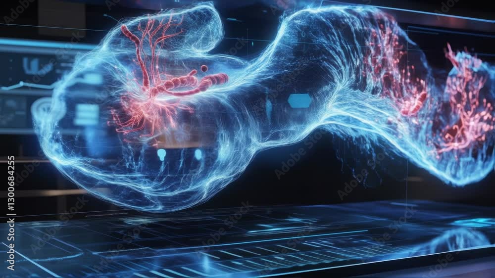Poster glowing red vascular network interconnecting within rotating ethereal blue holographic human organ v