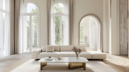 Italian classic modern living room featuring cream colored sofa, high ceilings, elegant archways, sleek marble coffee table with brass legs, airy sheer