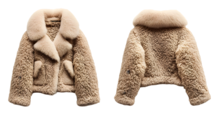 Beige faux fur coat front and back view - fashionable outerwear for winter warmth