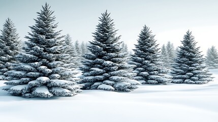 Naklejka premium Snowy fir trees landscape; serene winter forest scene; use for greeting cards, wallpaper, or nature-themed background