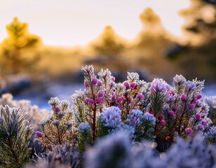 clear morning in the forest frozen blooming heather flowers closeup latvia