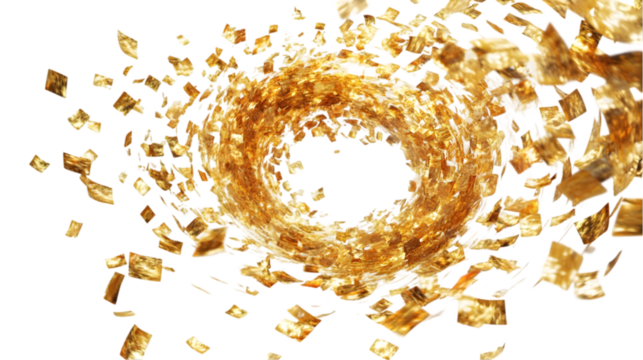 Abstract golden vortex of falling particles on black background