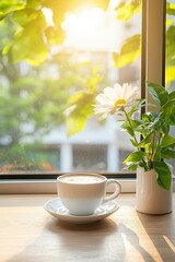 A white coffee cup with a flower in a vase sits on a wooden table by a window
