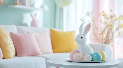 A living room Easter setup with pastel cushions and a bunny-shaped coffee table centerpiece,