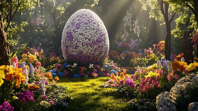 A lush garden with a giant Easter egg sculpture surrounded by flowers,