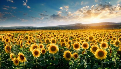 field of sunflowers flowering sunflowers in meadow sunflowers lit by sunlight beautiful landscape in summer