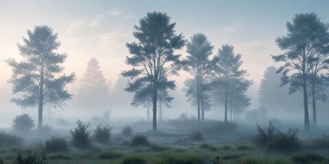 Obraz premium Misty morning landscape with misty fog and trees in the foreground against a soft light blue abstract background, landscape, atmospheric conditions, misty